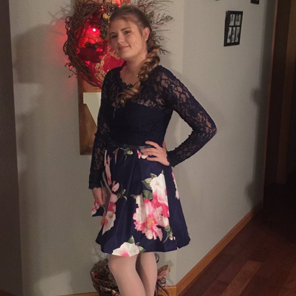 2 pc prom dress navy blue floral skirt sparkly navy blue lace open back top